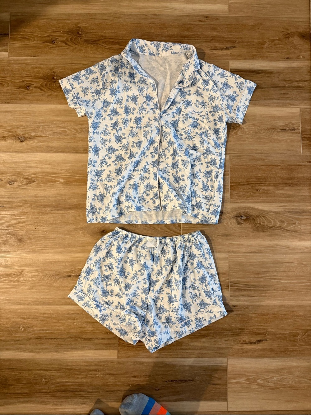 Blue and white adorable button down pajama set. Super comfy and precious print.